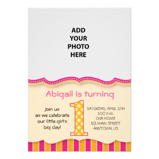 Cute Pink/Orange Girls First Birthday Custom Announcement