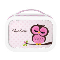 Cute Pink Owl and Polka Dots Personalized Lunchboxes