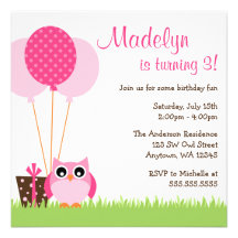 Cute Pink Owl Balloons Birthday Invitations