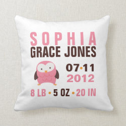 Cute Pink Owl Birth Announcement Throw Pillows