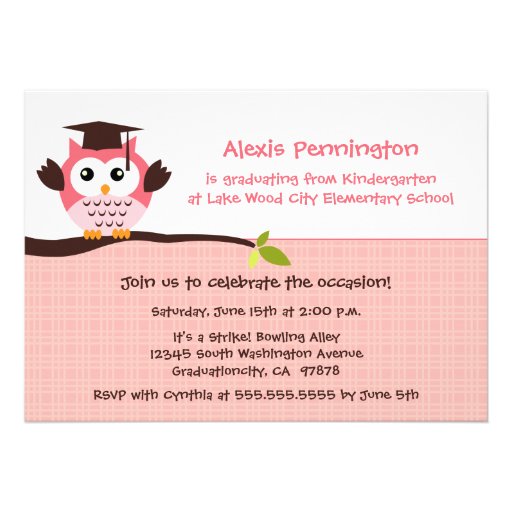 Cute pink owl elementary girl's graduation party custom invite (front side)
