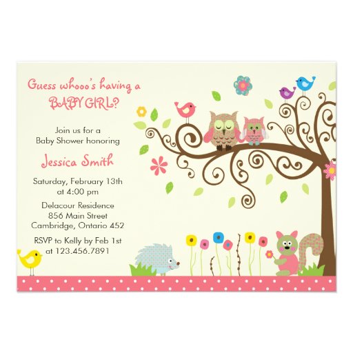 Cute Pink Owl Girl Baby Shower Invitations (front side)