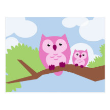 Cute Pink Owl Mom and Baby Postcard