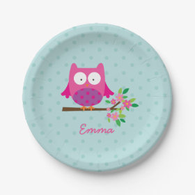 Cute Pink Owl on a Branch Personalized Paper Plate 7 Inch Paper Plate