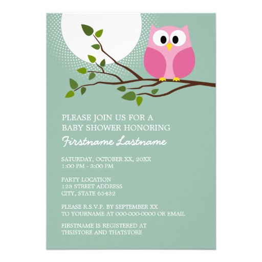 Cute Pink Owl on Branch Baby Girl Shower Custom Announcement