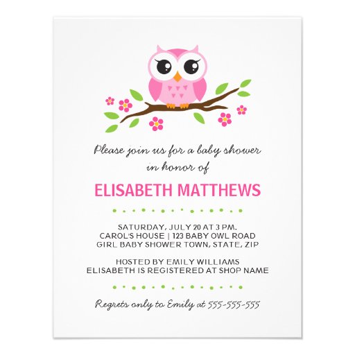 Cute pink owl on floral branch girl baby shower invitation (front side)