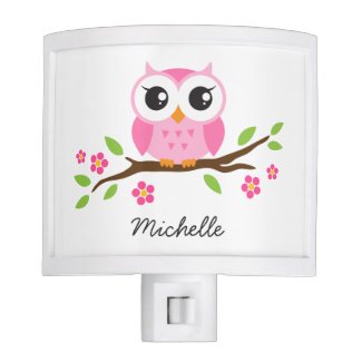 Cute pink owl on floral branch personalized name nite lite