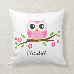 Cute pink owl on floral branch personalized name pillows