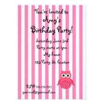 Cute pink owl stripes custom invitations