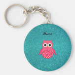 Cute pink owl turquoise glitter key chain