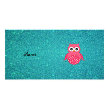 Cute pink owl turquoise glitter personalized photo card