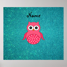 Cute pink owl turquoise glitter print