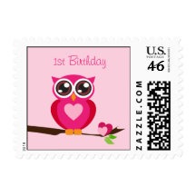 Cute Pink Owl with Heart - First Birthday Postage Stamp