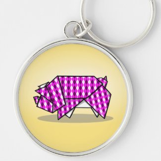 Cute Pink Patterned Paper Pig Silver-Colored Round Keychain