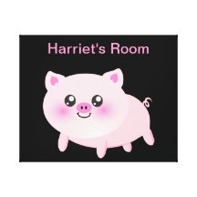 Cute Pink Pig on Black Gallery Wrapped Canvas