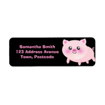 Cute Pink Pig on Black Custom Return Address Labels