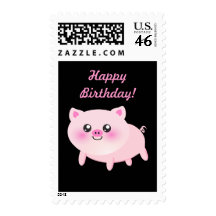 Cute Pink Pig on Black Stamps