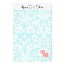 Cute Pink Pig; Teal Damask Customized Stationery
