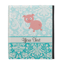 Cute Pink Pig; Teal Damask iPad Folio Covers