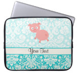 Cute Pink Pig; Teal Damask Laptop Computer Sleeves