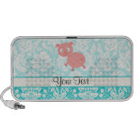 Cute Pink Pig; Teal Damask Portable Speaker