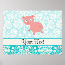 Cute Pink Pig; Teal Damask Print