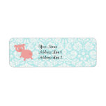 Cute Pink Pig; Teal Damask Return Address Labels