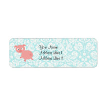 Cute Pink Pig; Teal Damask Return Address Labels
