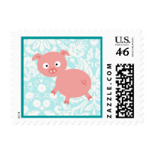 Cute Pink Pig; Teal Damask Stamps