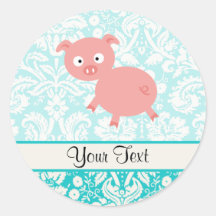 Cute Pink Pig; Teal Damask Stickers