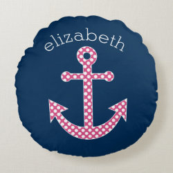 Cute Pink Polka Dot Anchor with Navy Custom Name Round Pillow