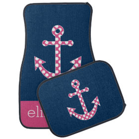 Cute Pink Polka Dot Anchor with Navy Custom Name Floor Mat