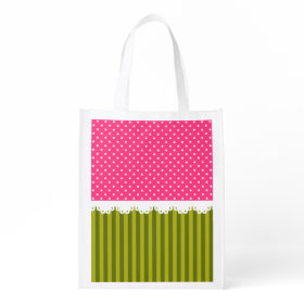 Cute Pink Polka Dot Green Stripes Pattern Grocery Bags