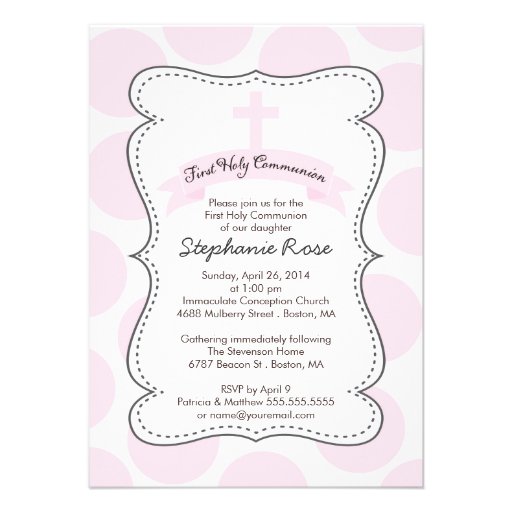 Cute Pink Polka Dots Cross Communion Invitation