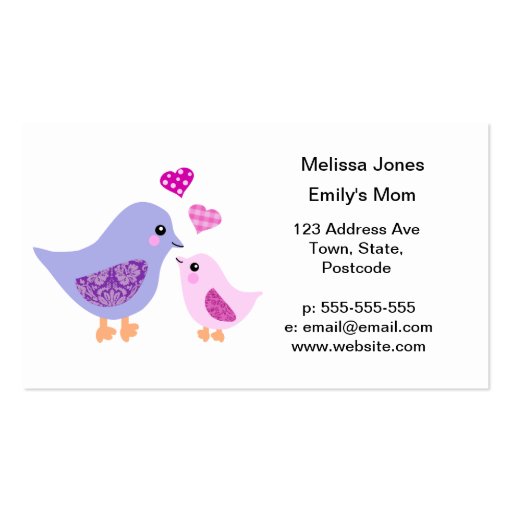 Cute pink & purple mother and child birds business cards