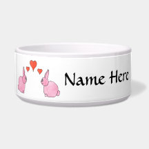 Cute Pink Rabbits with Red Love Hearts. Pet Food Bowls