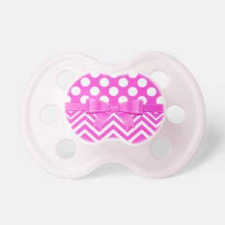 Cute Pink Ribbon And White Polka Dot And Chevron BooginHead Pacifier