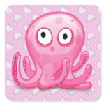 cute pink silly octopus with pink hearts square stickers