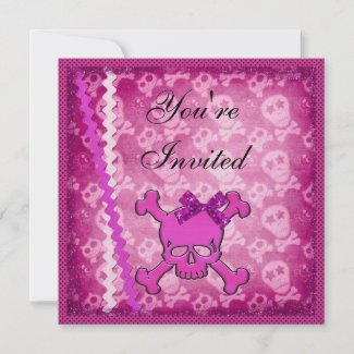 Cute Pink Skulls Ribbon & Glitter Invites zazzle_invitation