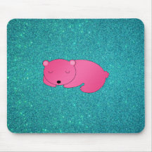 Cute pink sleeping bear turquoise glitter mousepads