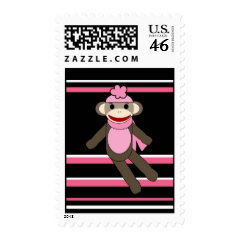 Cute Pink Sock Monkey Girl Flower Hat Stripes Postage Stamps