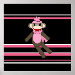 Cute Pink Sock Monkey Girl Flower Hat Stripes Posters