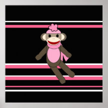 Cute Pink Sock Monkey Girl Flower Hat Stripes Print