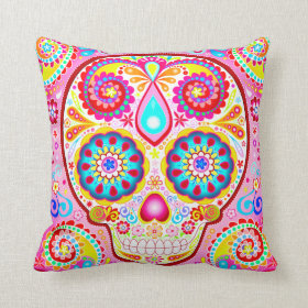 Cute Pink Sugar Skull Pillow - Day of the Dead Art