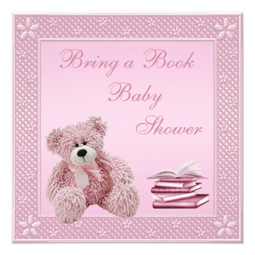 Cute Pink Teddy Bring a Book Baby Shower Announcement