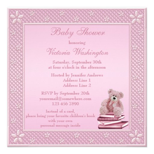 Cute Pink Teddy Bring a Book Baby Shower Announcement