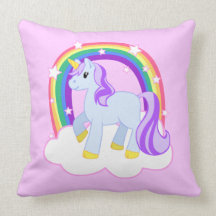 Cute Pink Unicorn with Sparkly Rainbow Throw Pillow