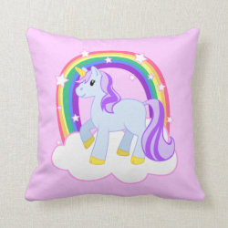Cute Pink Unicorn with Sparkly Rainbow Throw Pillow