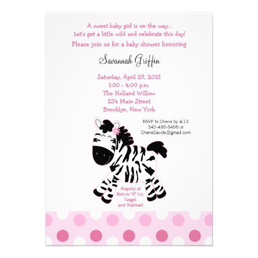 Cute Pink Zebra Baby Shower 5x7 Invitation