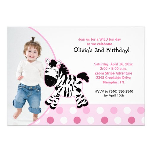 Cute Pink Zebra Girl Photo Birthday Invitation